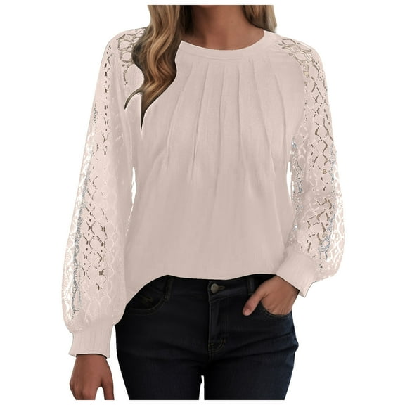 idosla Womens Long Sleeve Shirts Pleated Lace Tops Fall Fashion Outfits Business Casual Blouses (Khaki, XXL)