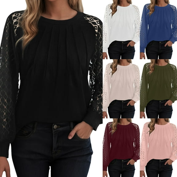 idosla Womens Long Sleeve Shirts Pleated Lace Tops Fall Fashion Outfits Business Casual Blouses (Red, XL)