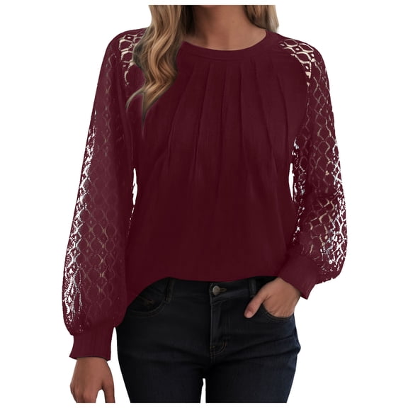 idosla Womens Long Sleeve Shirts Pleated Lace Tops Fall Fashion Outfits Business Casual Blouses (Wine, XL)