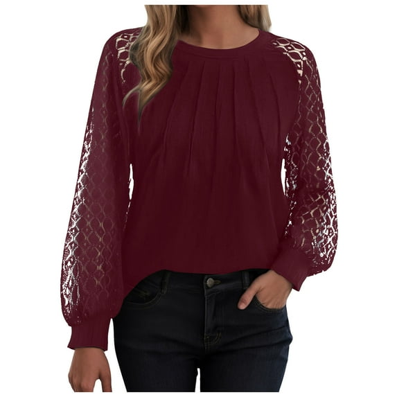 idosla Womens Long Sleeve Shirts Pleated Lace Tops Fall Fashion Outfits Business Casual Blouses (Wine, XXL)
