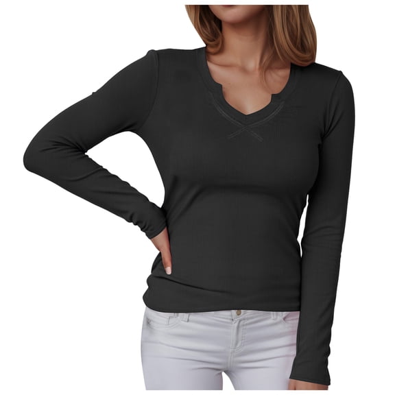idosla Womens Long Sleeve Shirts V-Neck Rib Knit Slim Fit Tops Casual Stretch Basic Tee Going Out Top Fall Fashion 2025 (Black, M)