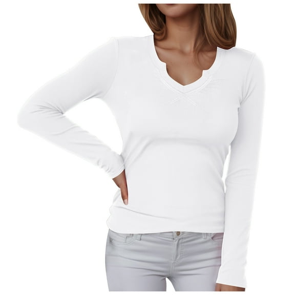 idosla Womens Long Sleeve Shirts V-Neck Rib Knit Slim Fit Tops Casual Stretch Basic Tee Going Out Top Fall Fashion 2025 (White, M)