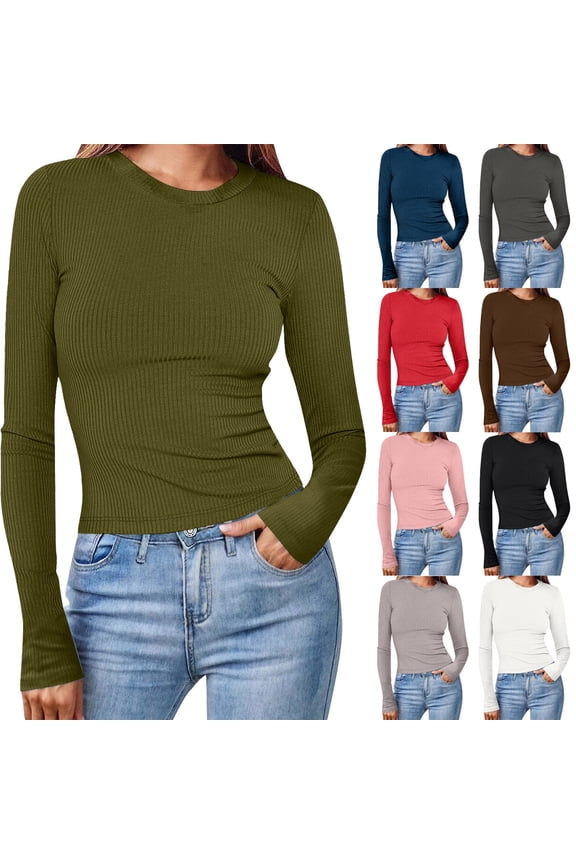 Womens Long Sleeve Stretch Crewneck Ribbed T-Shirt Slim Fit Casual Basic Tops (Army Green, S)