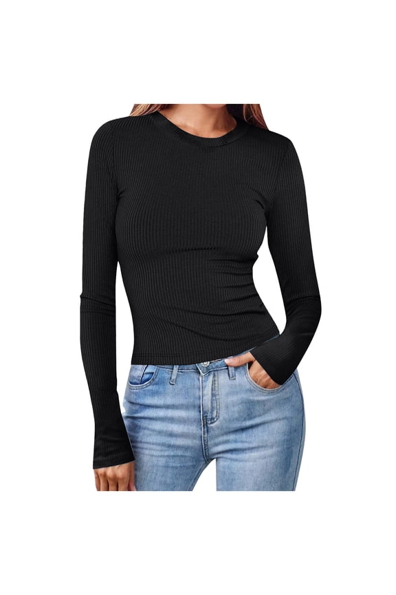Womens Long Sleeve Stretch Crewneck Ribbed T-Shirt Slim Fit Casual Basic Tops (Black, XL)