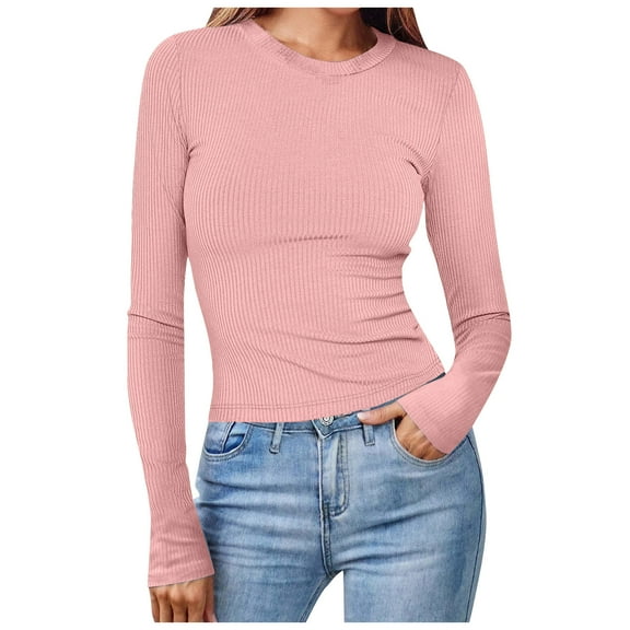 idosla Womens Long Sleeve Stretch Crewneck Ribbed T-Shirt Slim Fit Casual Basic Tops (Pink, L)