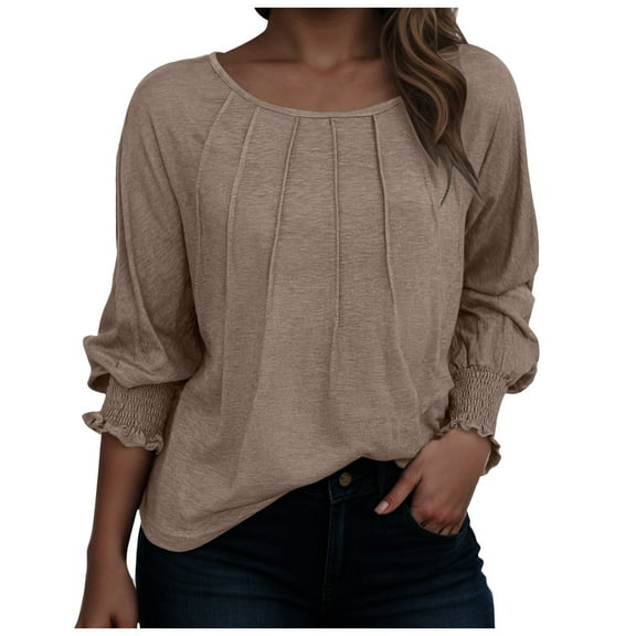 idosla Womens Long Sleeve Tunic Tops Fall Fashion Loose Fit Dressy Tops Pleated Front Crewneck Shirts Business Casual Cute Tee (Khaki, XXL)