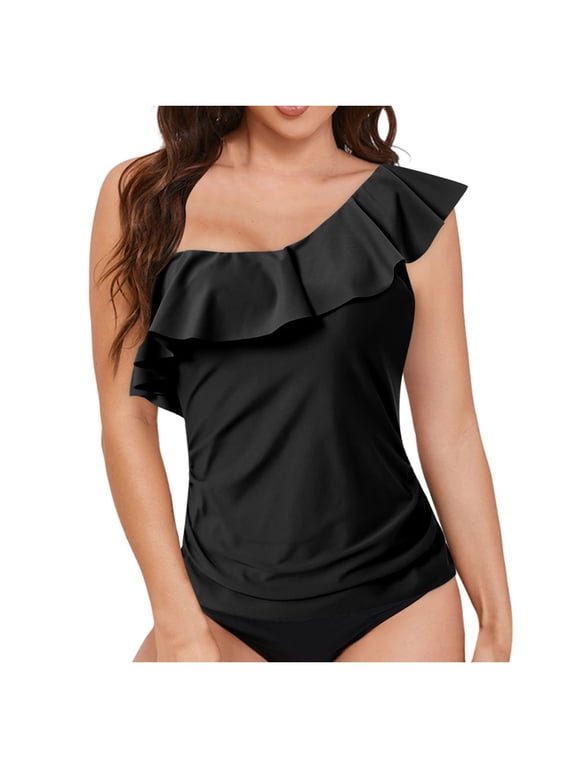 Womens One Shoulder Tankini Swim Tops Ruffle Bathing Suit Tops No Bottoms (Black, L)