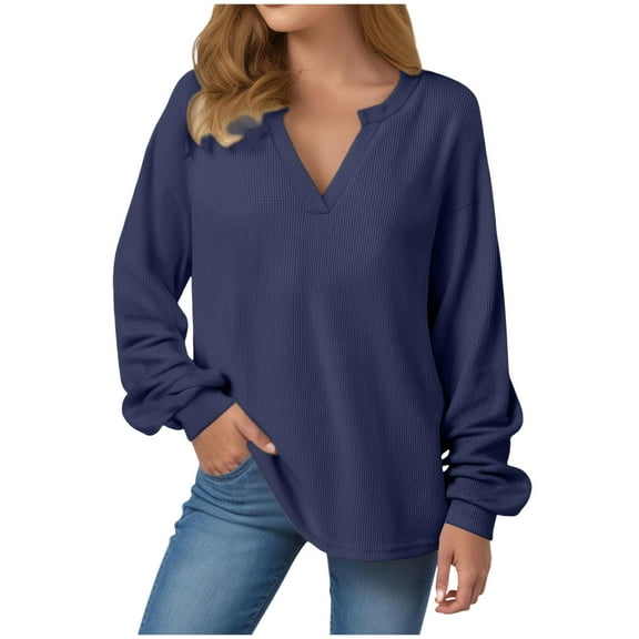idosla Womens Oversized Long Sleeve Shirt Casual Waffle Knit Tunic Tops Lace Patchwork Pullover Sweatshirt (Blue, L)