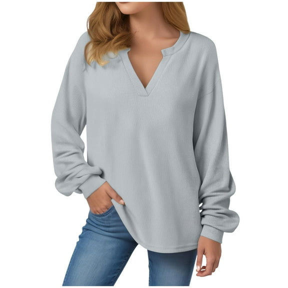 idosla Womens Oversized Long Sleeve Shirt Casual Waffle Knit Tunic Tops Lace Patchwork Pullover Sweatshirt (Light Gray, L)