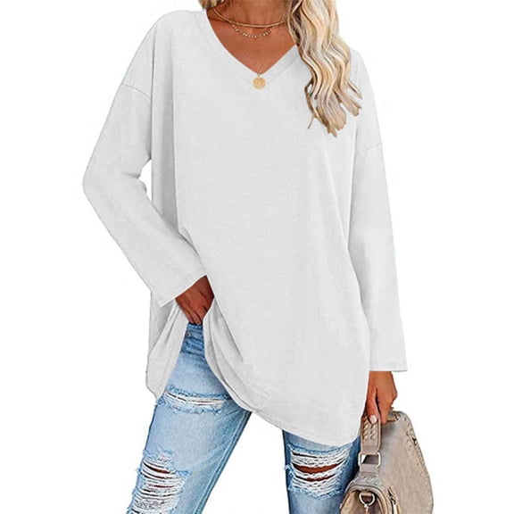 idosla Womens Oversized T-Shirt Long Sleeve Tops Solid Comfy Cozy Cotton Tees Tunic V Neck T-Shirts Fashion Blouses (White, XL)