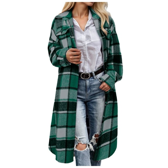 idosla Womens Plaid Shacket Jacket Long Corduroy Shirt Casual Lapel Button Down Flannel Trench Coats (Green, L)