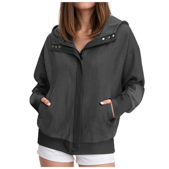 idosla Womens Corduroy Hooded Jackets Casual Zip Up Sweatshirt Jacket Trendy Fall Winter Coat Hoodies with Pockets (Black, S)