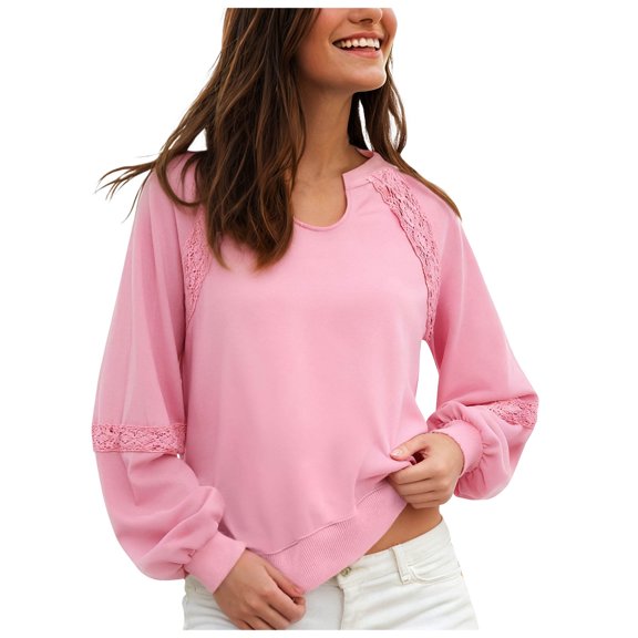 idosla Womens Retro Lantern Sleeve Tops Round Neck with Lace Trim Sweatshirt Casual Ribbed Cuffs Pullover Top (Pink, XXL)