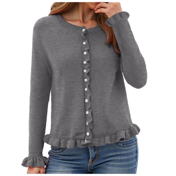 idosla Womens Ruffle Cardigan Sweaters Button Up Crew Neck Long Sleeve Cropped Sweater Cute Soft Knit Tops (Grey, L)