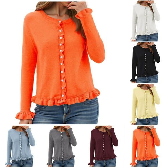 idosla Womens Ruffle Cardigan Sweaters Button Up Crew Neck Long Sleeve Cropped Sweater Cute Soft Knit Tops (Red, S)