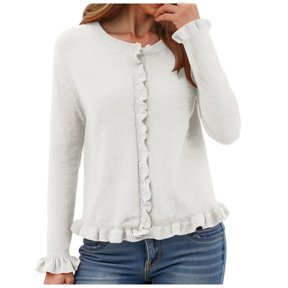 idosla Womens Ruffle Cardigan Sweaters Button Up Crew Neck Long Sleeve Cropped Sweater Cute Soft Knit Tops (White, L)