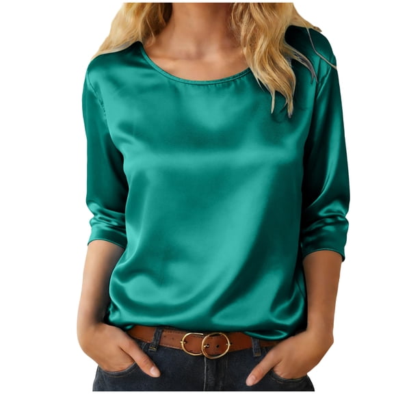 idosla Womens Silk Satin Shirts 3/4 Length Sleeve Crewneck Lightweight Going Out Tops Loose Casual Blouses Business Outfits (Green, XL)