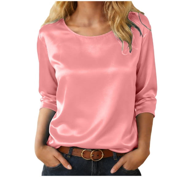 idosla Womens Silk Satin Shirts 3/4 Length Sleeve Crewneck Lightweight Going Out Tops Loose Casual Blouses Business Outfits (Pink, XL)