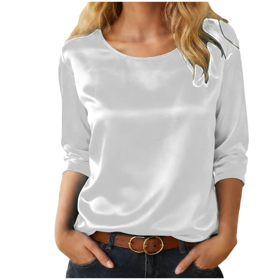 idosla Womens Silk Satin Shirts 3/4 Length Sleeve Crewneck Lightweight Going Out Tops Loose Casual Blouses Business Outfits (White, XXL)