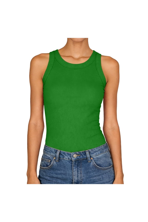 Womens Sleeveless Racerback High Neck Casual Basic Cotton Ribbed Fitted Tank Top (Green, S)