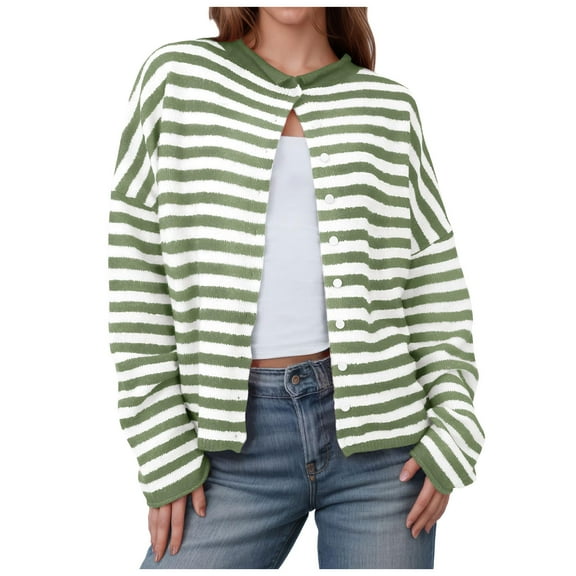 idosla Womens Striped Cardigan Casual Long Sleeve Open Front Button Down Loose Knit Lightweight Fall Sweaters (Light Green, S)