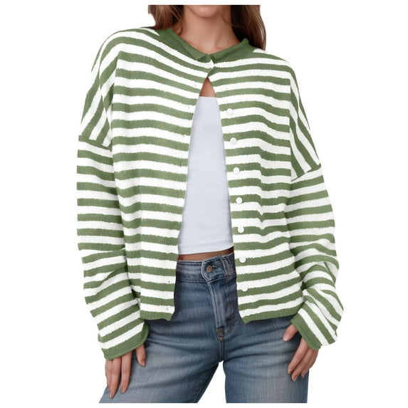 idosla Womens Striped Cardigan Casual Long Sleeve Open Front Button Down Loose Knit Lightweight Fall Sweaters (Light Green, XL)