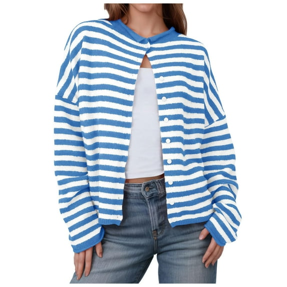 idosla Womens Striped Cardigan Casual Long Sleeve Open Front Button Down Loose Knit Lightweight Fall Sweaters (Sky Blue, S)
