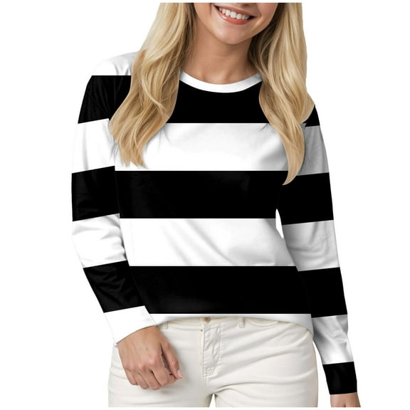 idosla Womens Striped T Shirts Long Sleeve Fall Tops Tees Loose Fit Casual Tunic Top Going Out Tops (Black, S)