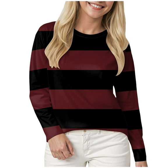 idosla Womens Striped T Shirts Long Sleeve Fall Tops Tees Loose Fit Casual Tunic Top Going Out Tops (Brick Red, 3XL)
