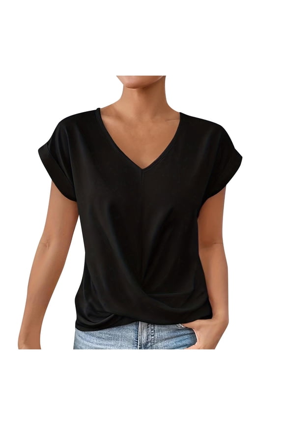 Womens Summer Tops Cap Sleeve Front Twist Knot V Neck T Shirts Draped Blouses Casual Loose Fit tees (Black, XL)