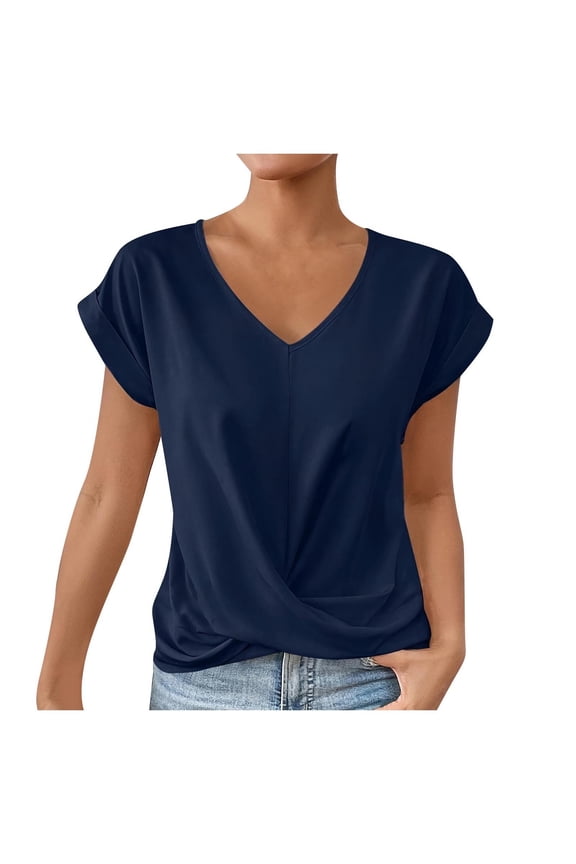 Womens Summer Tops Cap Sleeve Front Twist Knot V Neck T Shirts Draped Blouses Casual Loose Fit tees (Navy, S)