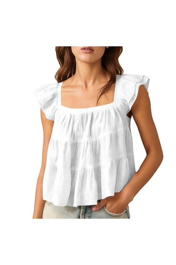 Womens Summer Tops Ruffle Sleeve Cute Blouses Square Neck Flowy Peplum Pleated Casual Loose Shirts (White, L)