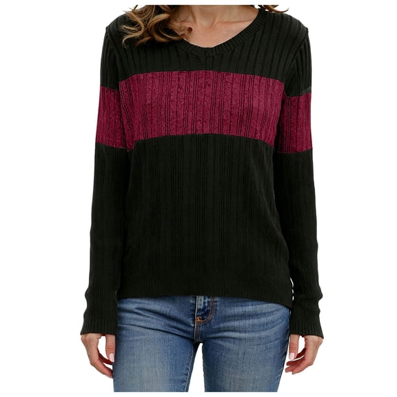 idosla Womens Sweaters Trendy Color Block Tops Long Sleeve Shirts Fall Outfits Early Fall Fashion 2025 Winter Clothing (Wine, XL)
