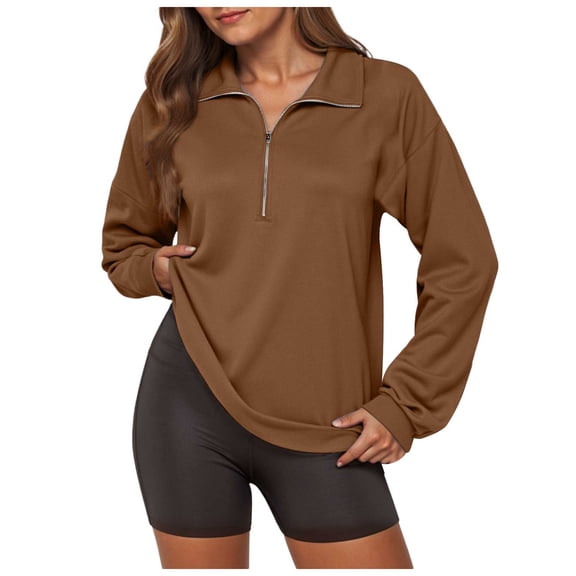 idosla Womens Sweatshirt Waffle Knit Long Sleeve Lapel Half Zip Up Casual Lightweight Soft Sweatshirts Loose Pullover Tops (Brown, XXL)