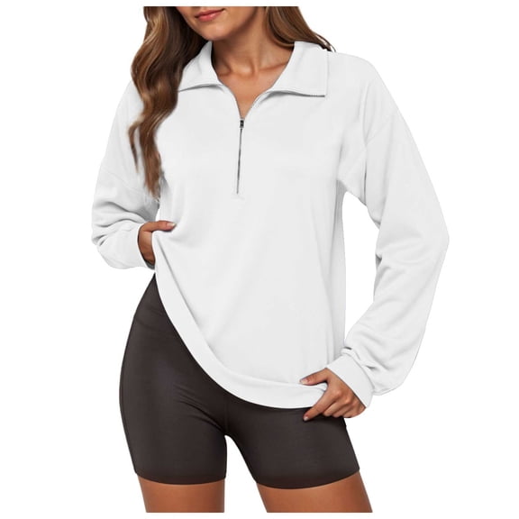 idosla Womens Sweatshirt Waffle Knit Long Sleeve Lapel Half Zip Up Casual Lightweight Soft Sweatshirts Loose Pullover Tops (White, XXL)