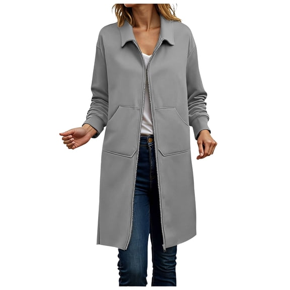 idosla Womens Sweatshirt Zip Up Long Sleeve Collar Lapel Fleece Tunic Sweatshirts Casual Coat with Pockets (Grey, S)