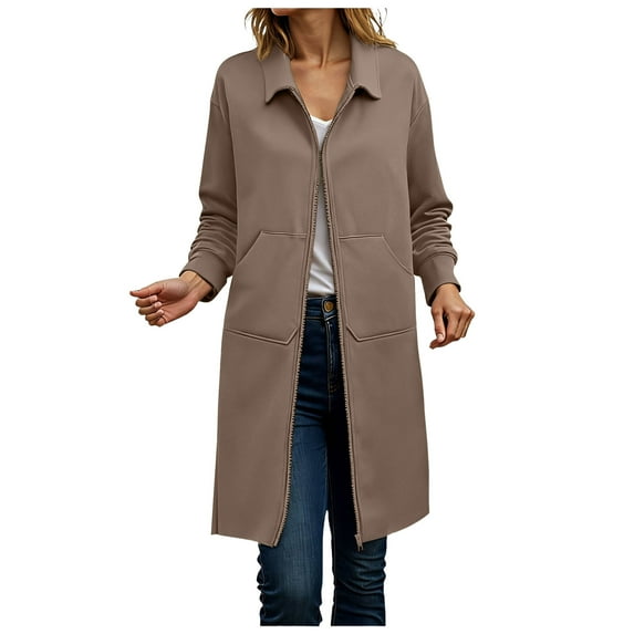 idosla Womens Sweatshirt Zip Up Long Sleeve Collar Lapel Fleece Tunic Sweatshirts Casual Coat with Pockets (Khaki, M)