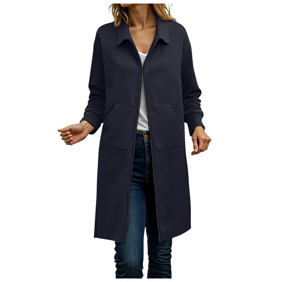 idosla Womens Sweatshirt Zip Up Long Sleeve Collar Lapel Fleece Tunic Sweatshirts Casual Coat with Pockets (Navy, L)