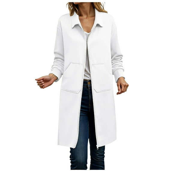 idosla Womens Sweatshirt Zip Up Long Sleeve Collar Lapel Fleece Tunic Sweatshirts Casual Coat with Pockets (White, S)