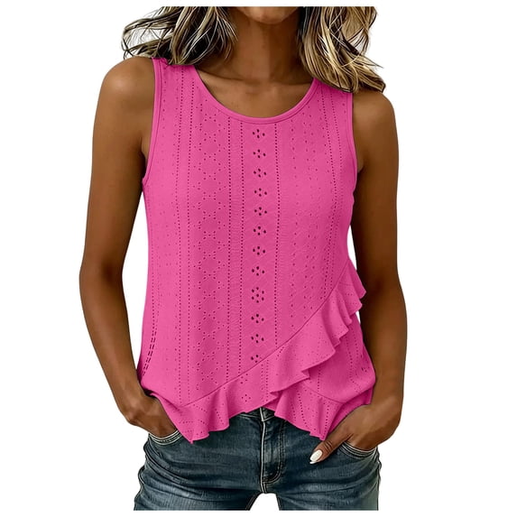 idosla Womens Tank Tops Sleeveless Eyelet Embroidery Scoop Neck Loose Fit Casual Summer Flowy (Hot Pink, 3XL)