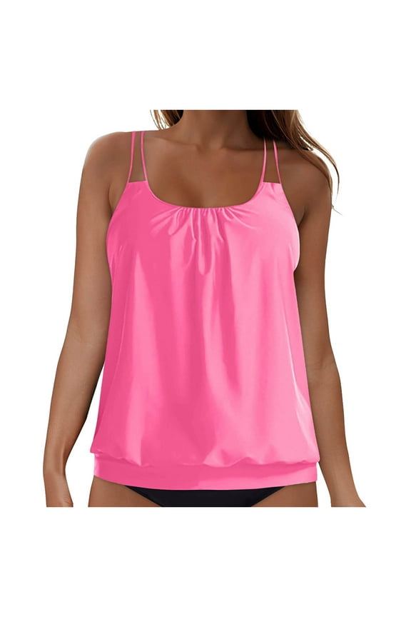 Womens Tankini Top Only Ruched Tummy Control Bathing Suit Top Modest Swim Tank Top No Bottom (Pink, M)