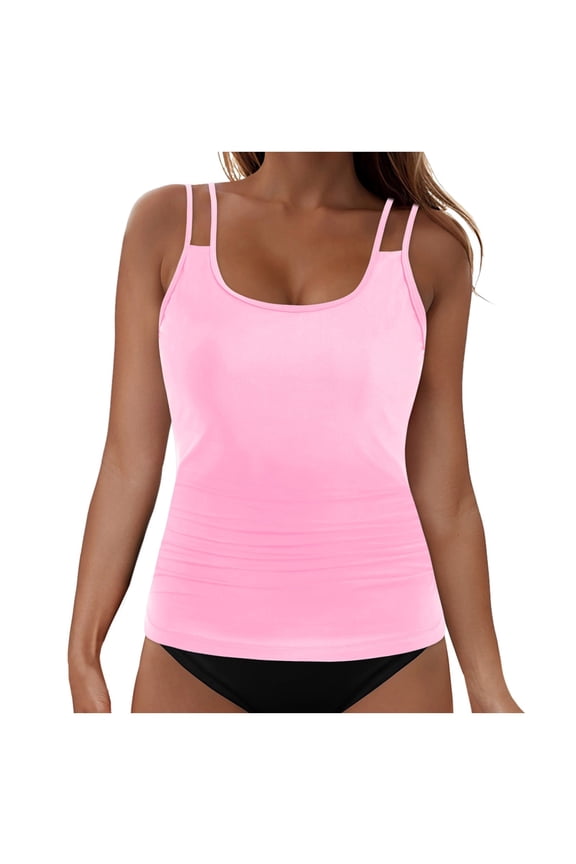 Womens Tankini Tops Only Tummy Control Swim Tank Top Modest Swimsuit Top Bathing Suit Top No Bottom (Pink, L)