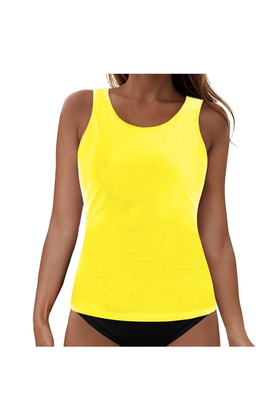 Womens Tankini Tops Only Tummy Control Swim Tank Top Modest Swimsuit Top Bathing Suit Top No Bottom (Yellow, L)