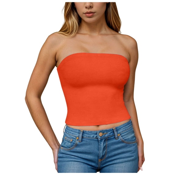 idosla Womens Tube Top Summer Going Out Tops Strapless Y2K Bandeau Spring Fitted Shirts Beach Vacation Clothes (Orange, L)
