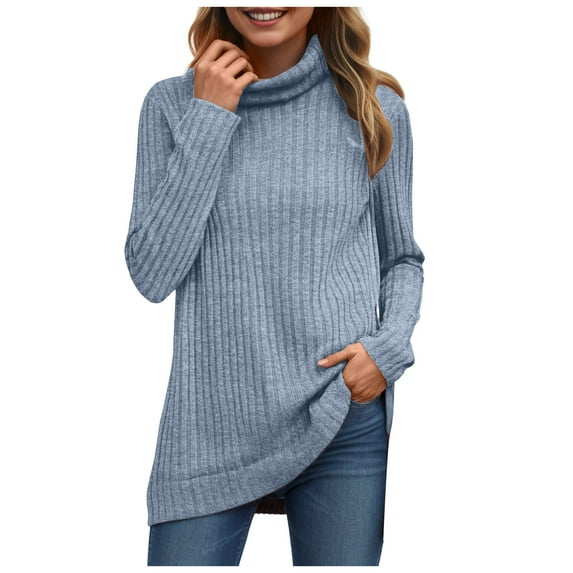 idosla Womens Tunic Tops Turtleneck Long Sleeve Shirts Oversized Fall Sweaters Side Split High Low Hemline (Blue, M)