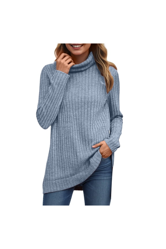 Womens Tunic Tops Turtleneck Long Sleeve Shirts Oversized Fall Sweaters Side Split High Low Hemline (Blue, XXL)