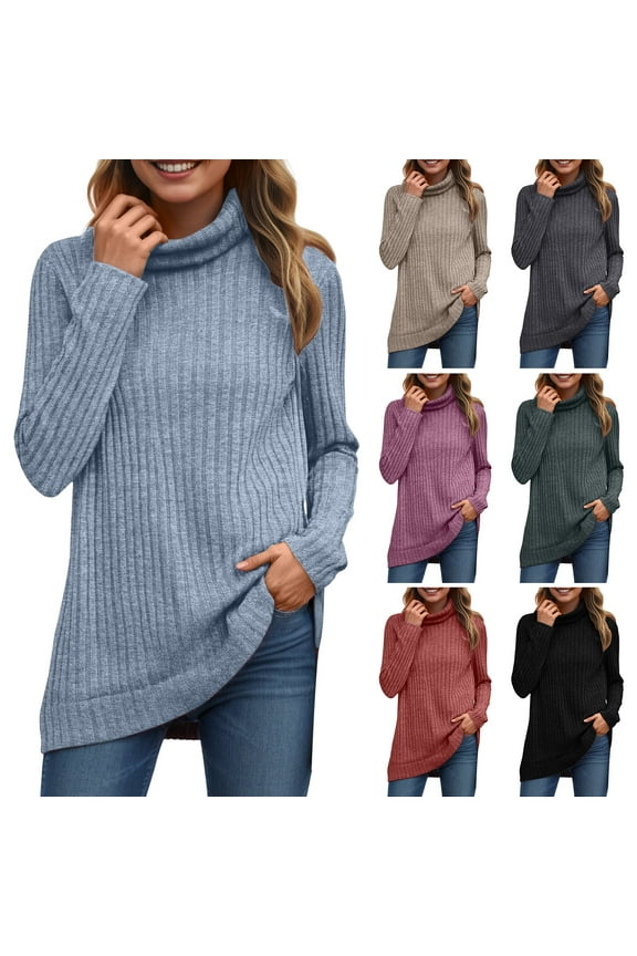 Womens Tunic Tops Turtleneck Long Sleeve Shirts Oversized Fall Sweaters Side Split High Low Hemline (Coffee, XXL)
