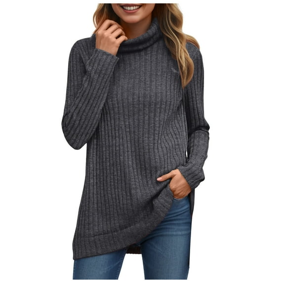 idosla Womens Tunic Tops Turtleneck Long Sleeve Shirts Oversized Fall Sweaters Side Split High Low Hemline (Dark Gray, L)