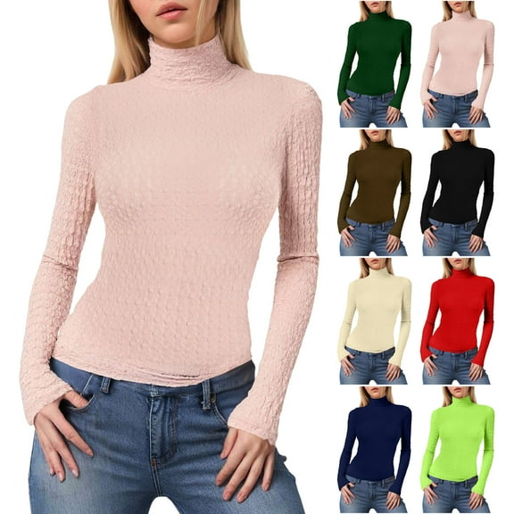 idosla Womens Turtleneck Shirts Long Sleeve Slim Fitted Casual Basic Lightweight Undershirt Tops (Beige, M)