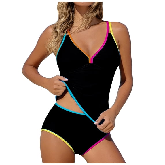 idosla Womens Two Piece Tankini Swimsuits Modest Tummy Control Swim Suits 2026 Neon Full Coverage Bathing Suit (Black, XL)